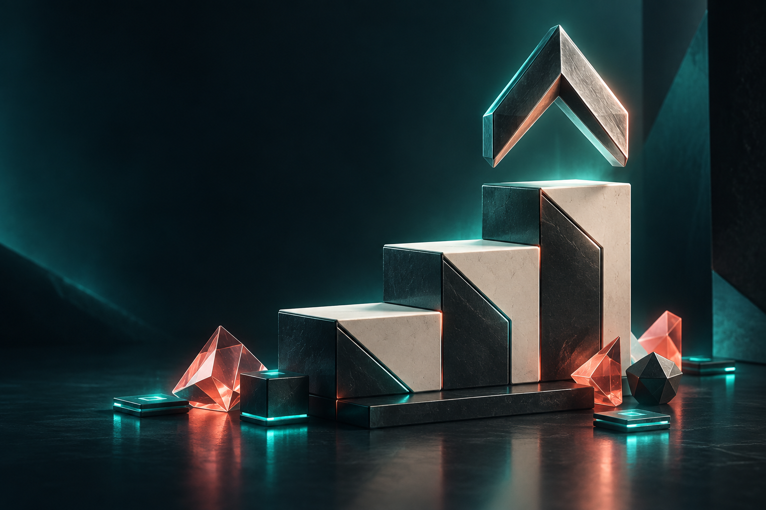 A metallic upward arrow above a glowing teal podium with coral crystals
